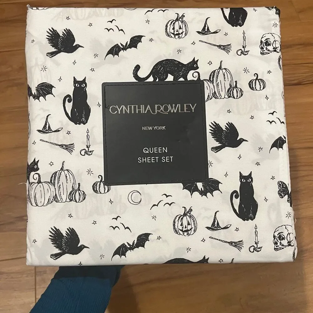 Cynthia Rowley Halloween Gothic Toile Black Cat Pumpkin Sheet Set (Queen)